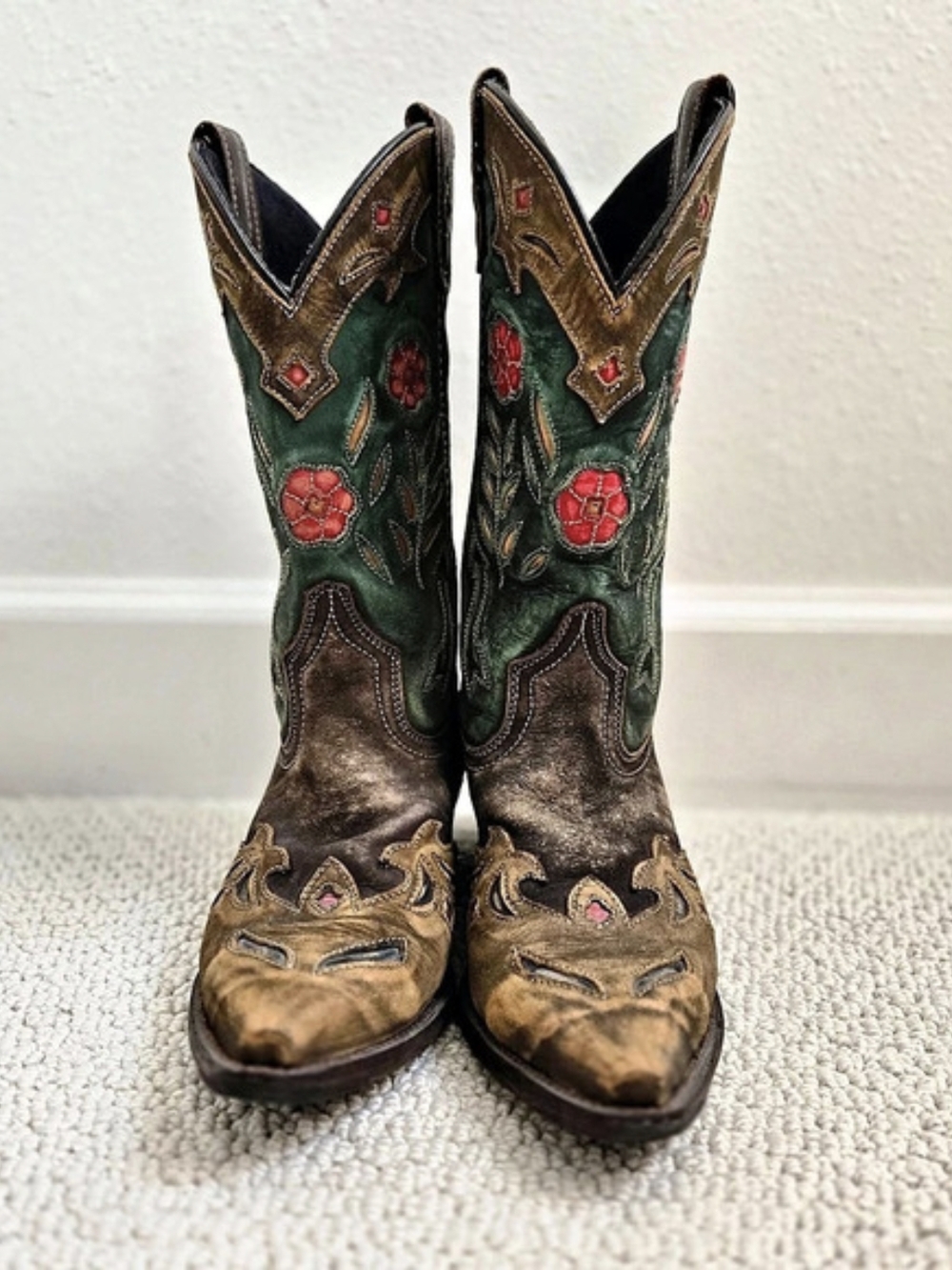 Laredo Miss Kate Floral Inlay Western Boots Snip Toe Brown Teal 8